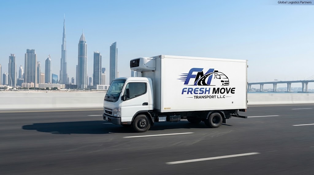 Fresh Move Transport refrigerated truck on the road in Dubai
